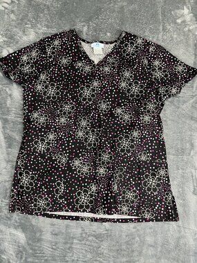 SB Scrubs Womens Black Floral V-Neck Short Sleeve Scrub Top M